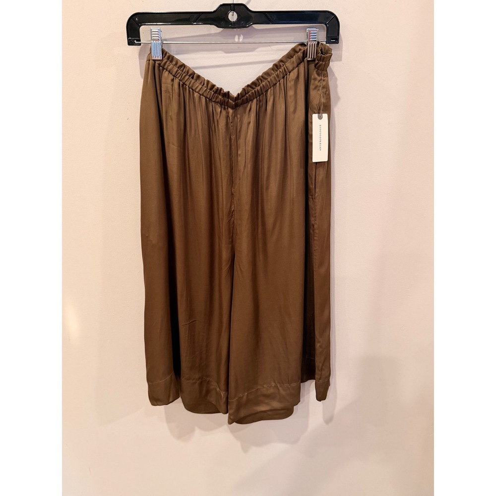 Anthropologie Moss Brown Satin Wide Leg Cropped Pants XL Paperbag Waist NEW